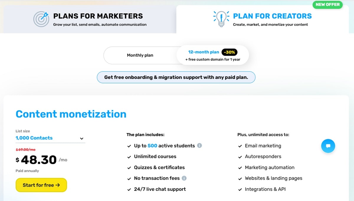 GetResponse's pricing plan for course creators